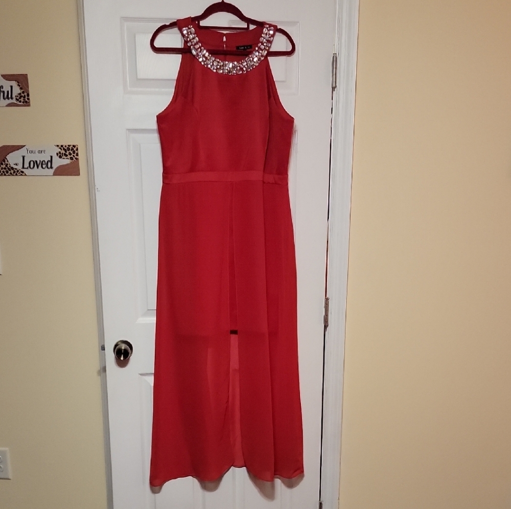 Sami & Jo Red High Low Dress with Embellished Neckline